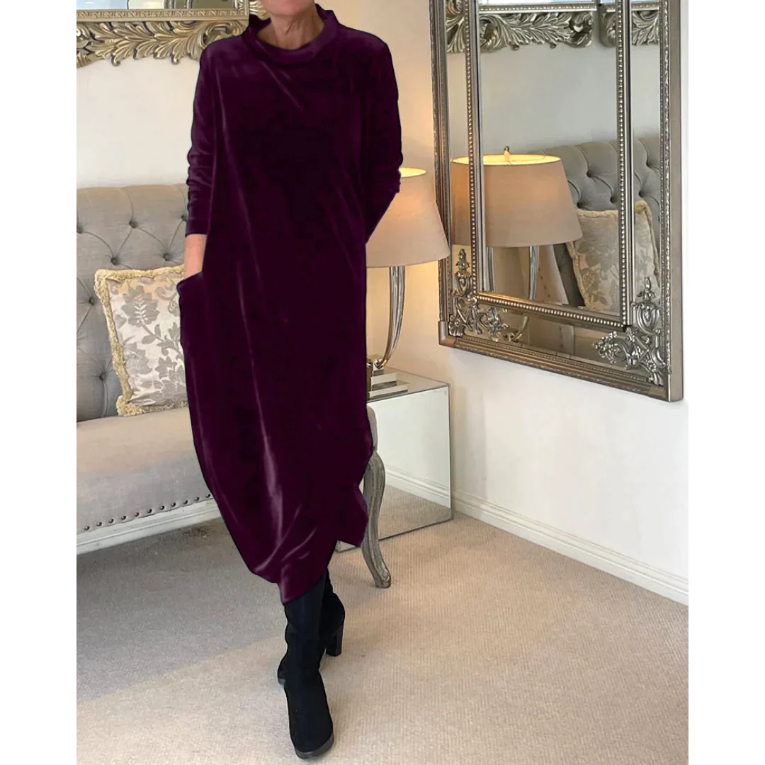 Emily – Elegancka długa sukienka z długimi rękawami i miękkim, okrągłym dekoltem