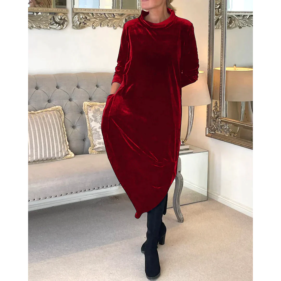 Emily – Elegancka długa sukienka z długimi rękawami i miękkim, okrągłym dekoltem