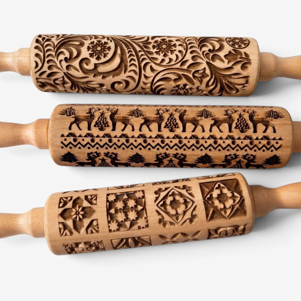 FestiveRoll - Wooden Rolling Pin With Engraved Christmas Patterns