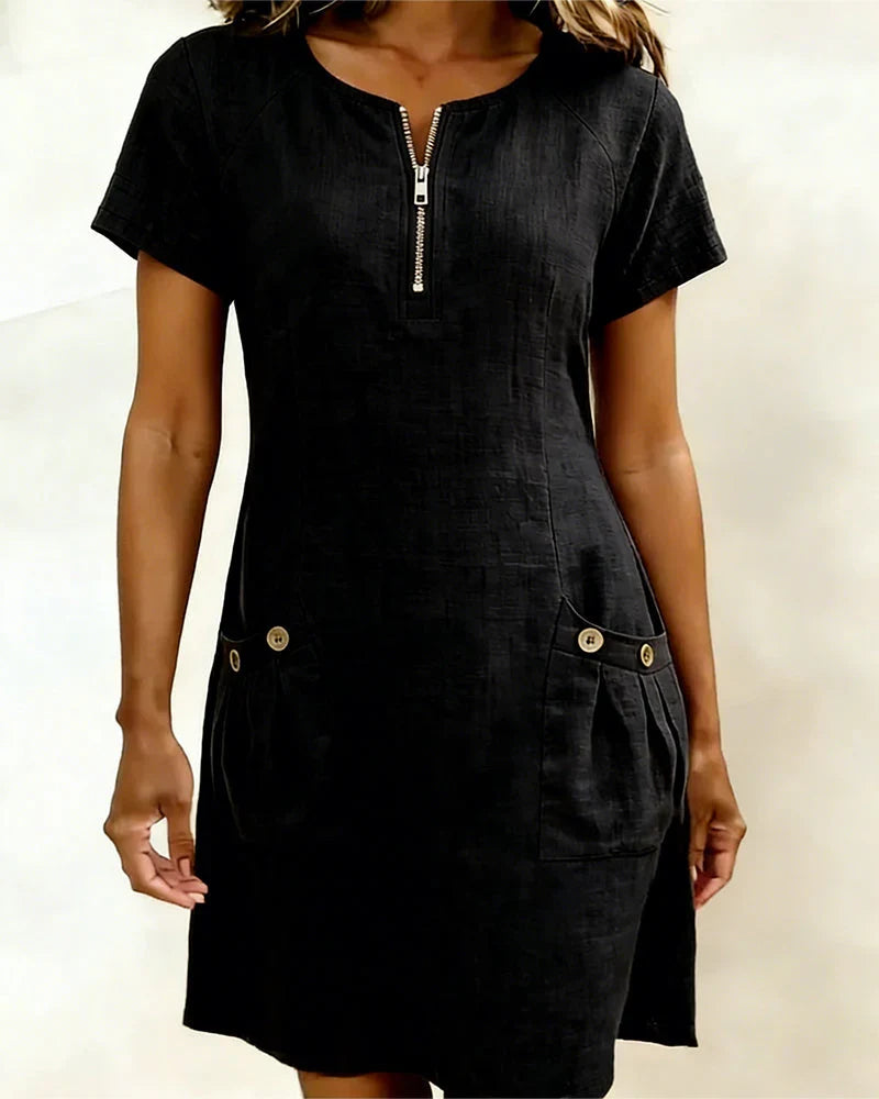 Womens A-Line Dress with Zipper and Pockets