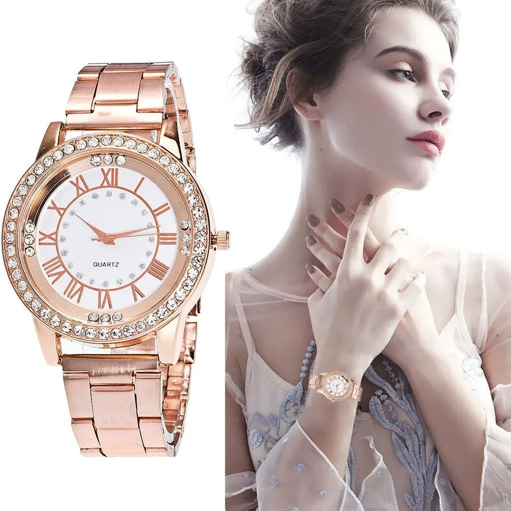 Fiona - Ponadczasowo elegancki zegarek z błyszczącą tarczą wysadzaną diamentami i wyrafinowanym wzornictwem