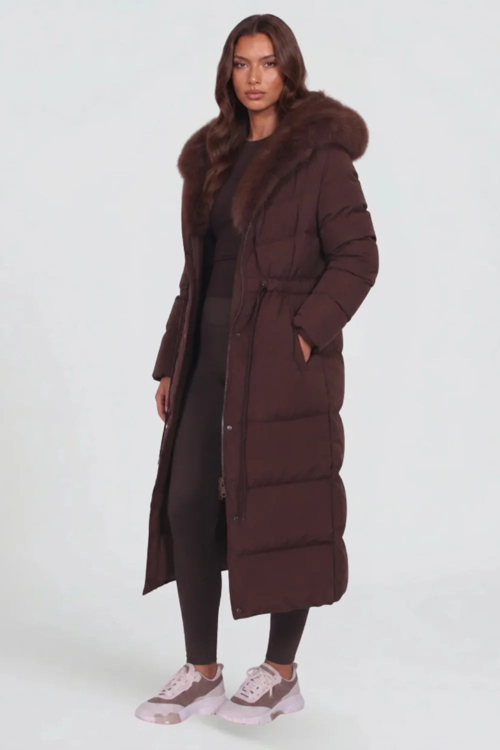 Qelvarine – Long Quilted Hooded Coat with Waist Cord
