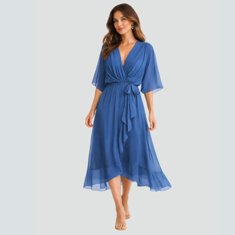 Women’s Midi Dress with V-Neck and Batwing Sleeve Design