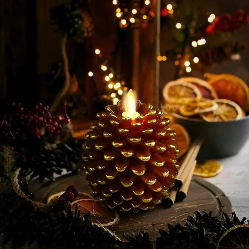PineGlow - Lumânări decorative fără flacără, în formă de conuri de pin, cu efect de flacără LED