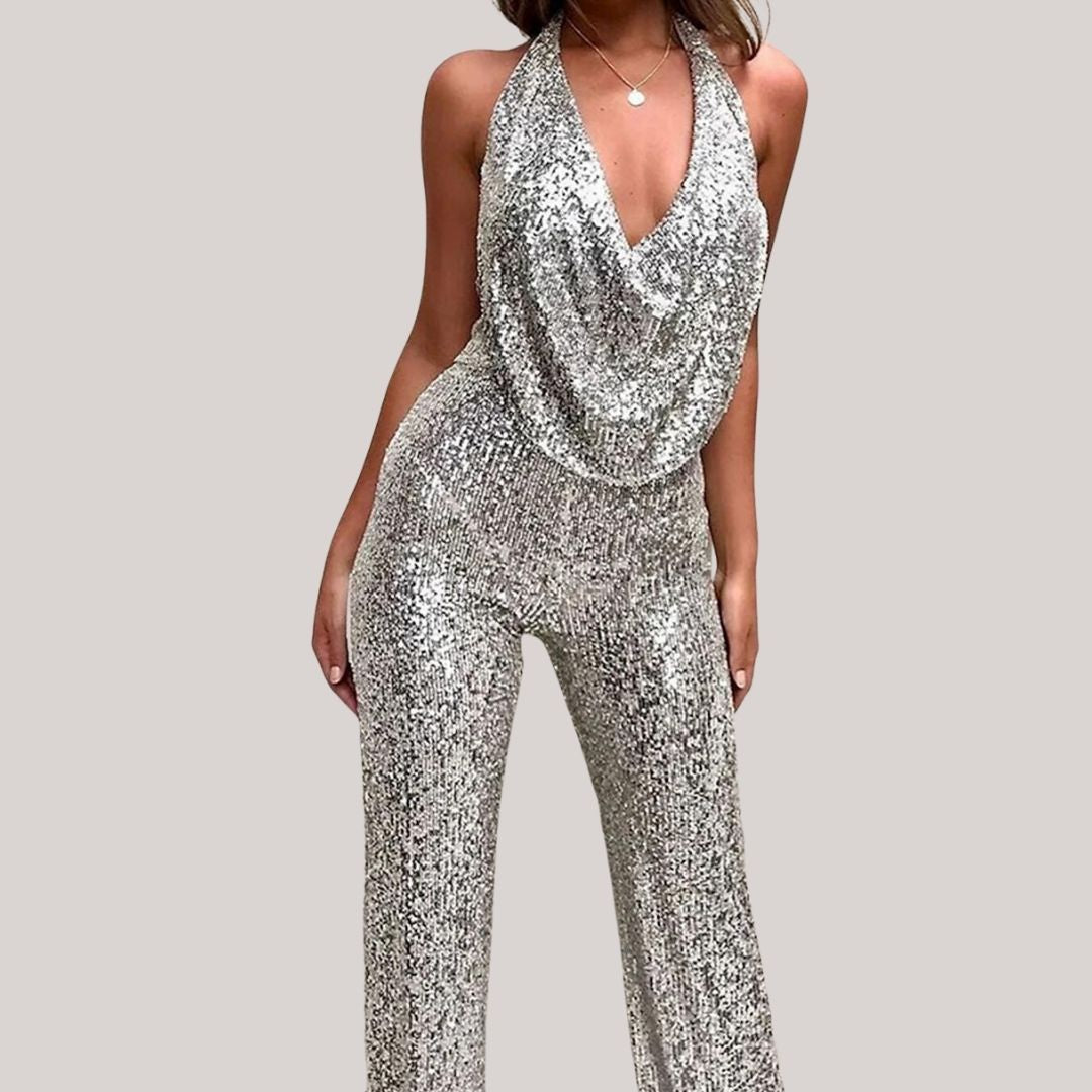 Maureen - Deep-cut glitter jumpsuit with plunging V-neck
