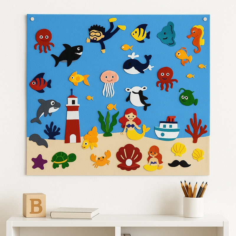 FeltScene – Set of felt boards with movable animal motif and background layout