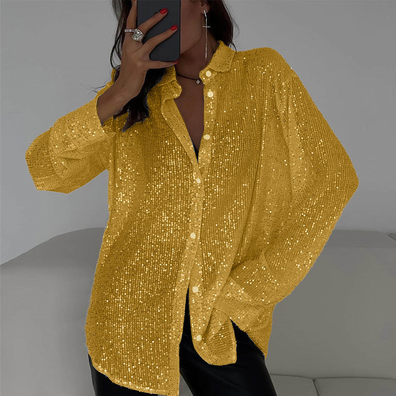 Luna - Bluza cu paiete, mâneci lungi și guler clasic