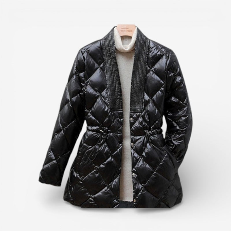 Inyaran – Long Sleeve Quilted Jacket with V Neck | Button Closure with Drawstring Waist | Side Pockets for Everyday Wear | Sizes S–3XL | White, Black, Khaki