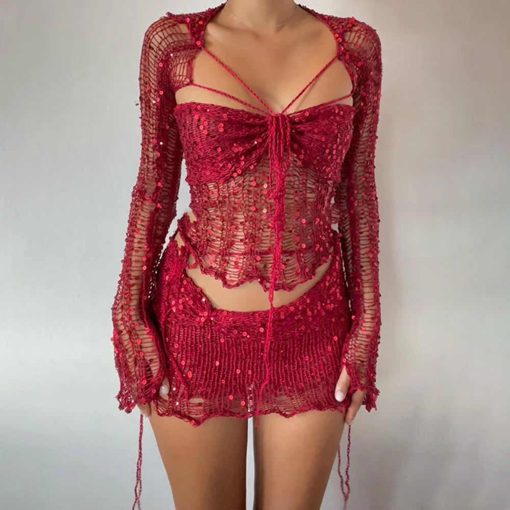 Clarissa – Set elegant de fustă și top scurt cu mâneci lungi