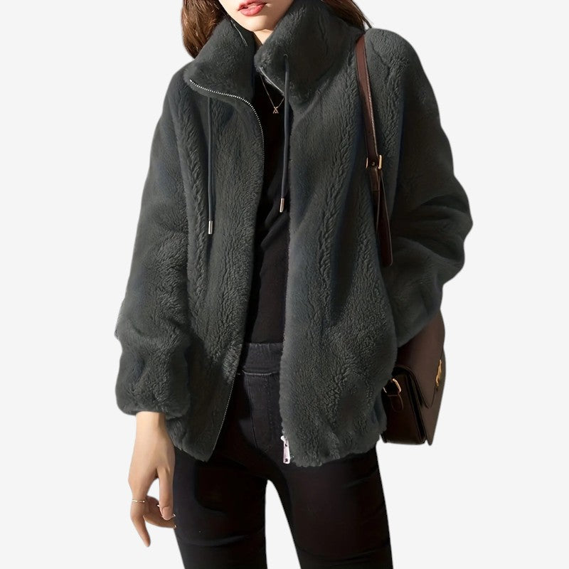 Giacca in pile da donna con collo alto e zip frontale