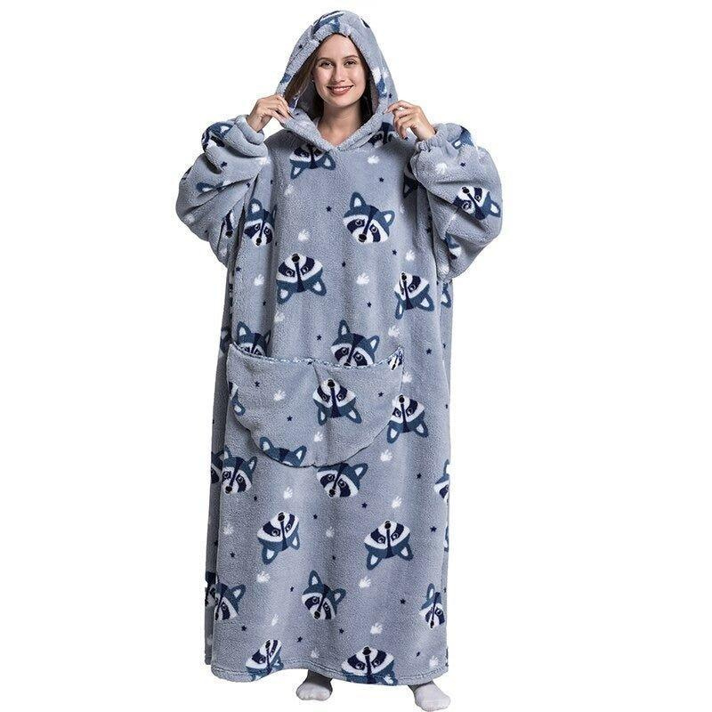ReversaWarm - Extra Long Fleece Hoodie Blanket With Raccoon Design