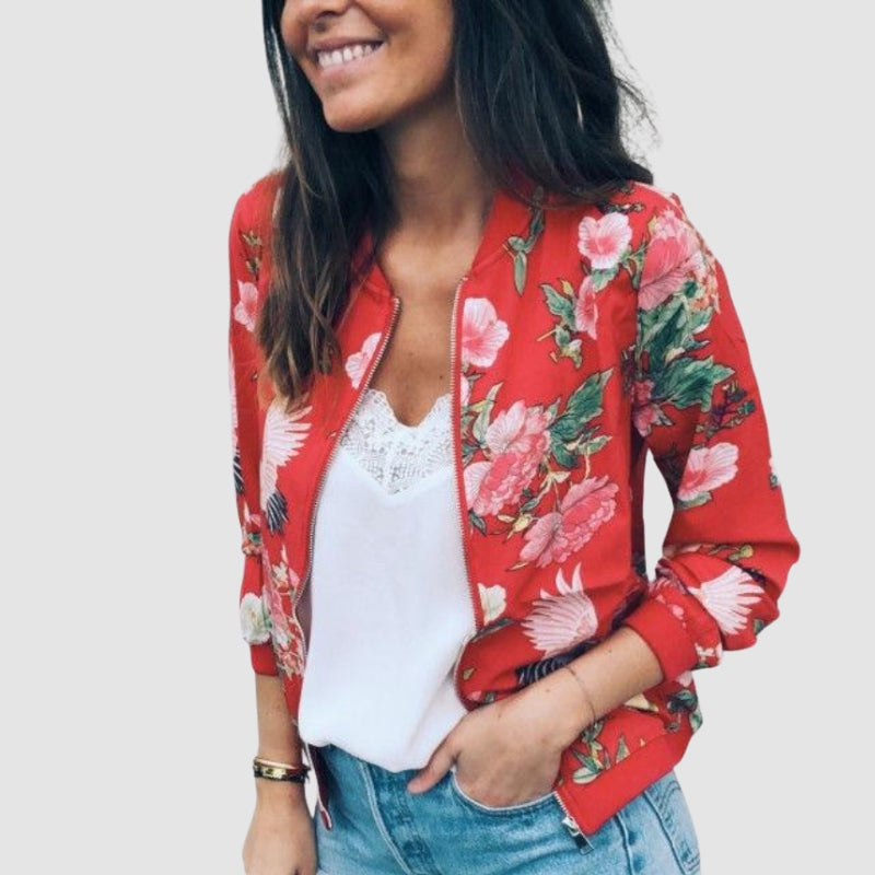 Leona - Floral Print Jacket with Long Sleeves and Zipper Closure