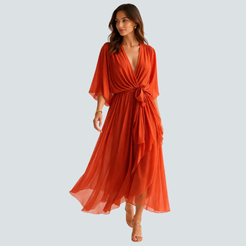Women’s Midi Dress with V-Neck and Batwing Sleeve Design