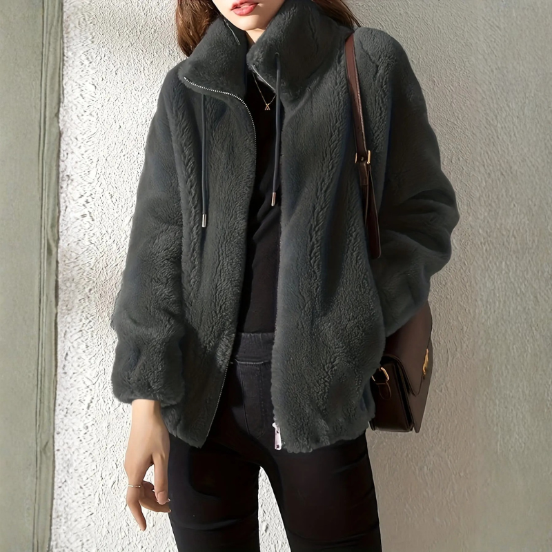Giacca in pile da donna con collo alto e zip frontale