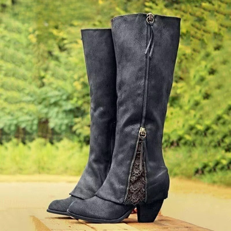 Scarlett – Knee-High Boots with Side Zippers and Round Toe