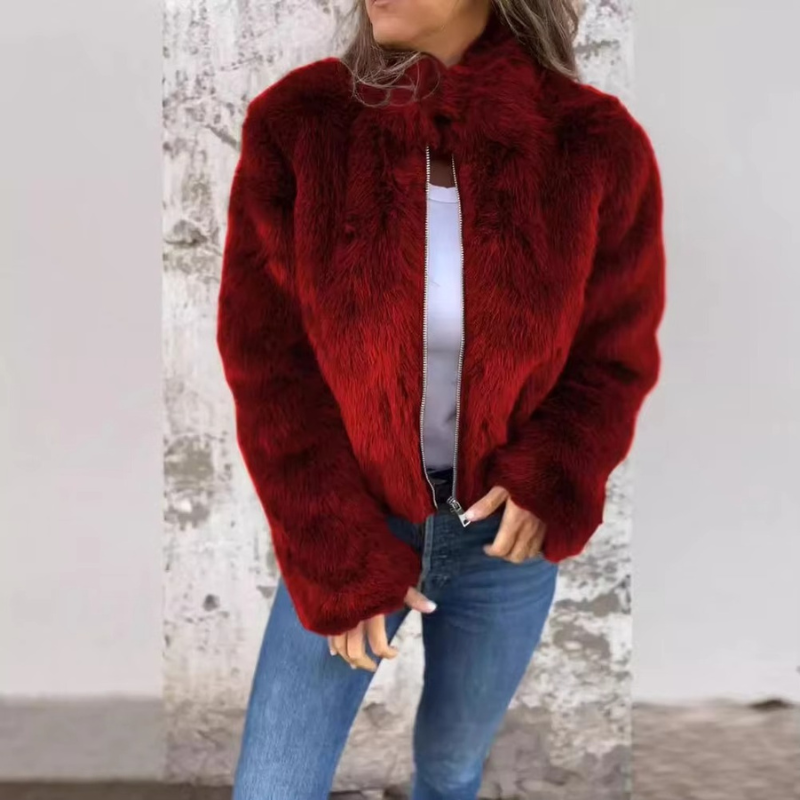 Selixia – Long Sleeve Coat with Zip Closure | Simple Casual Outer Layer | Faux Fur Construction | Sizes S–2XL | Brown, Black, Green, Blue, Red, Purple