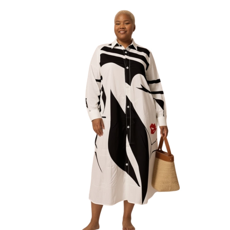 Abigail – Lange Mouw Gedrukt Hemdjurk met Knopen en Zakjes