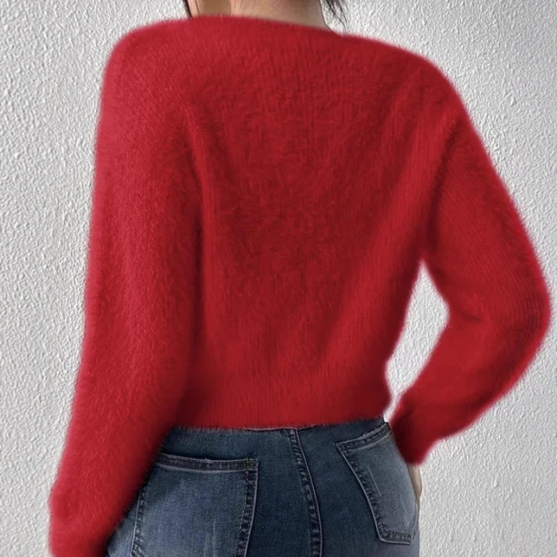 Aysel – Pulover cu mânecă lungă, decolteu în V și design cu fundă