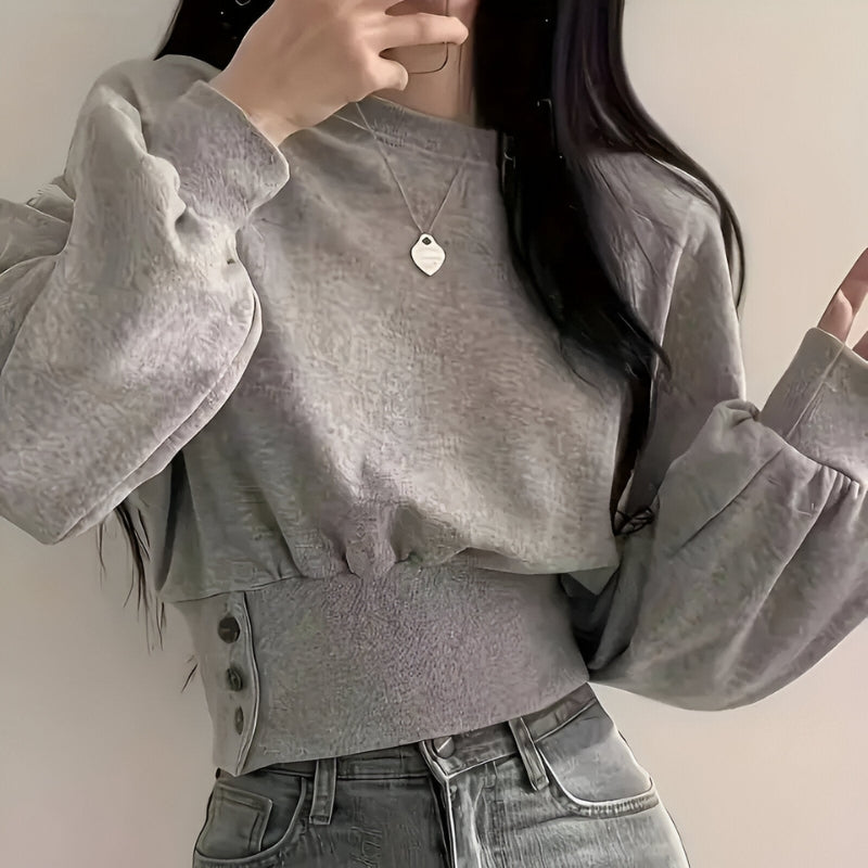 Lina – Sweater with Long Sleeves, Waist Buttons, and Ribbed Details