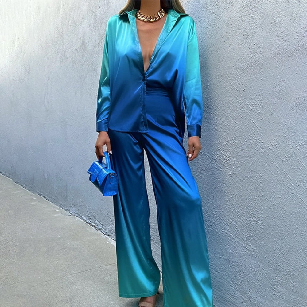 Zoya – Matching two-piece set with puff-sleeved top and straight-leg pants