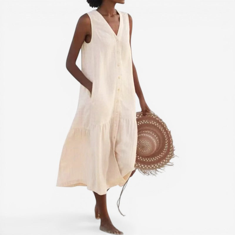 Robe mini sans manches à col en V avec boutons sur le devant et poches pour femme
