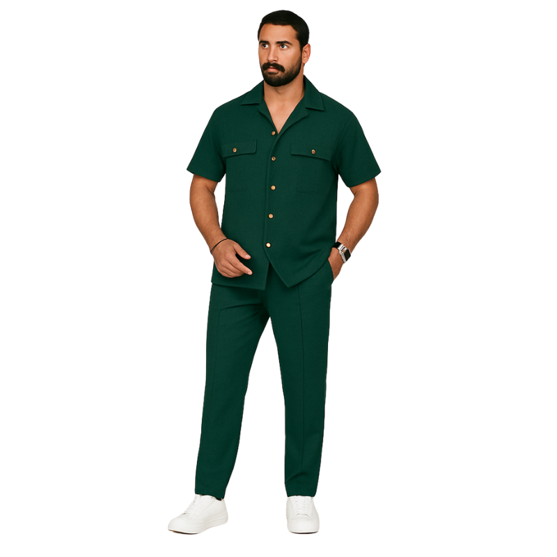 Harold – Short Sleeve Shirt 2-Piece Set with Pockets and Long Pants