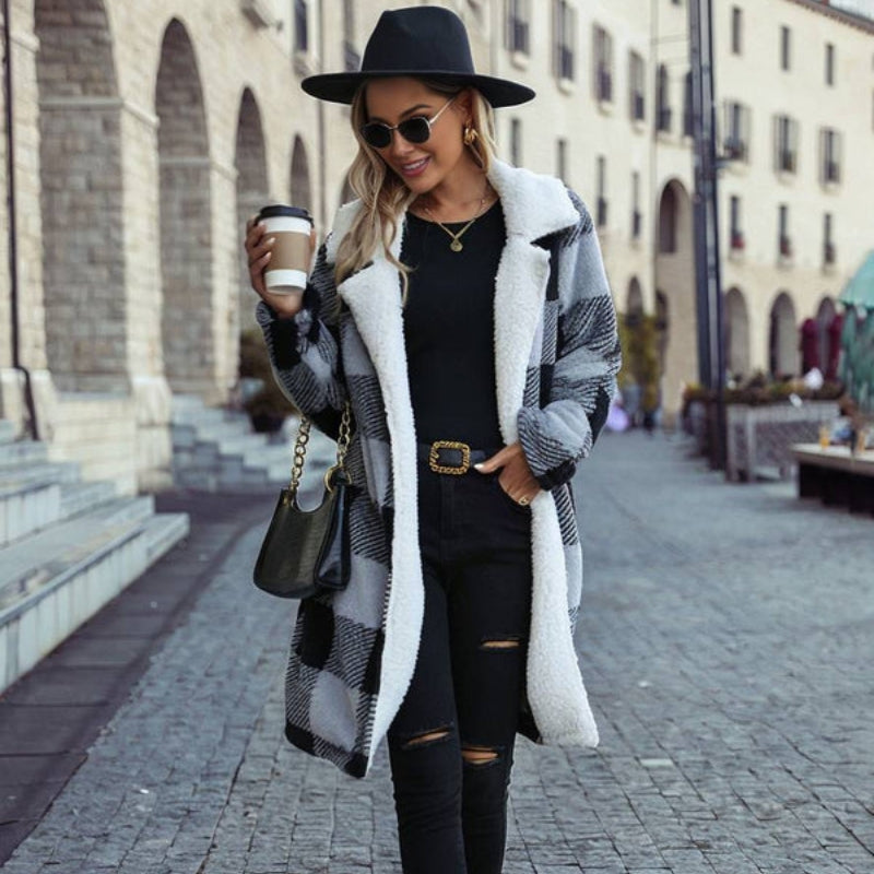 Jasmine – Long Sleeve Mid-Length Coat with Plaid Design