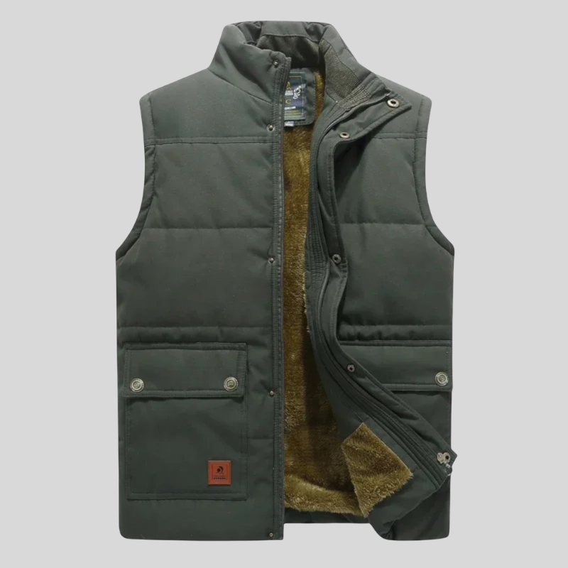 Men's Sleeveless Jacket with Button and Zip Closure