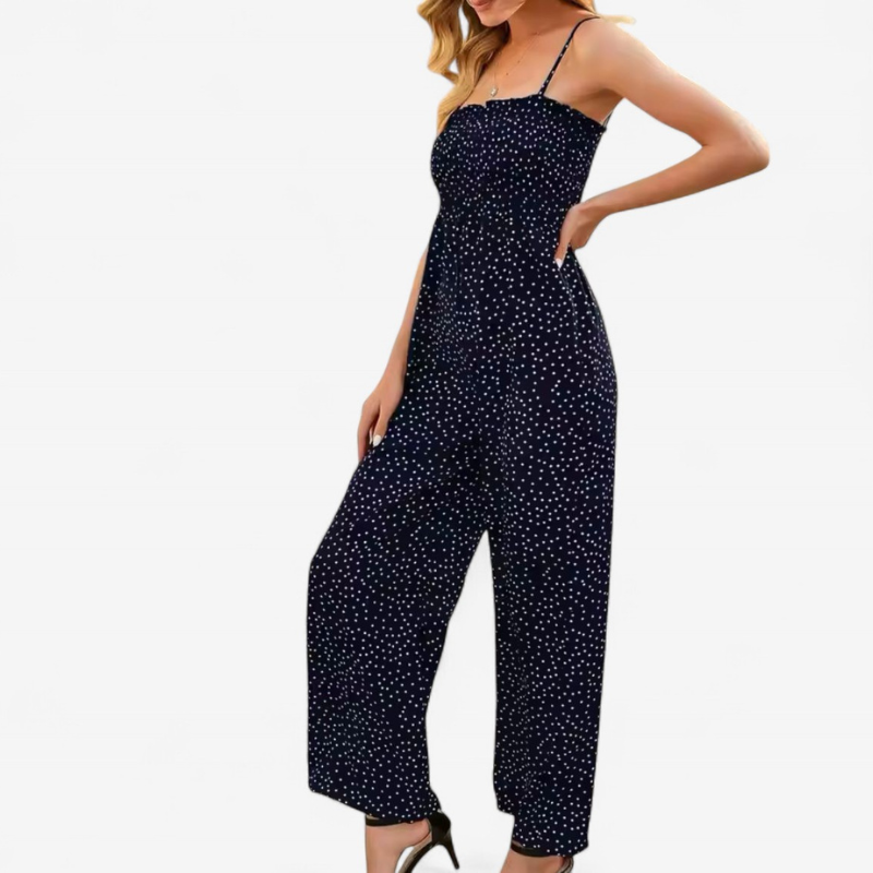 Clara – Strapless Jumpsuit with Polka Dots and Wide Legs