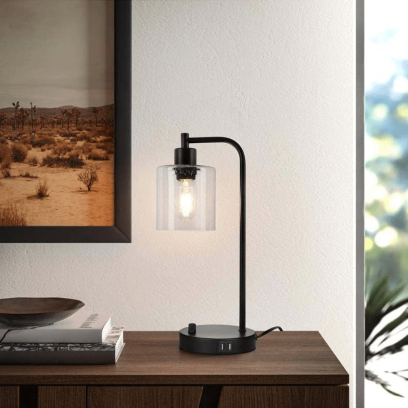 LumiGlide – Nabíjacia LED stolná lampa so skleneným tienidlom a USB portami