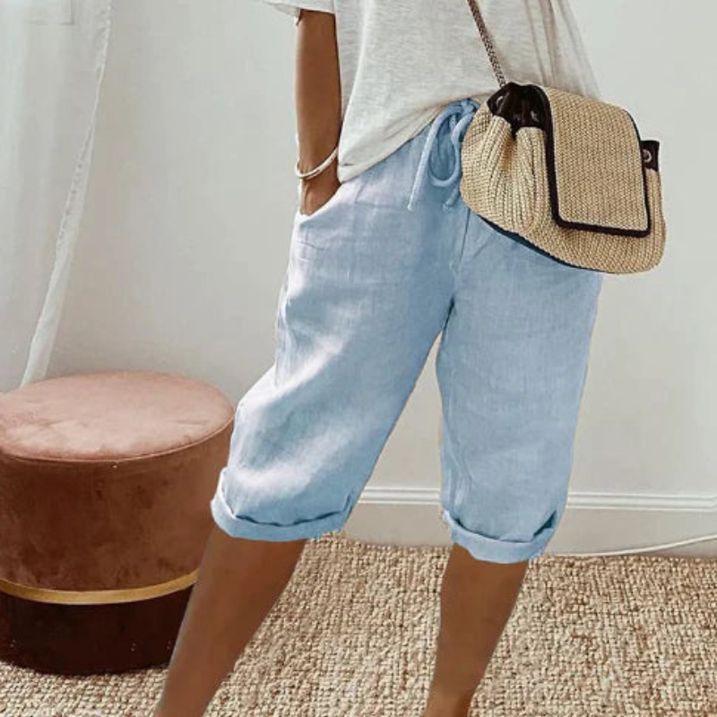 Pantaloni Capri pentru femei cu talie cu șnur ajustabil
