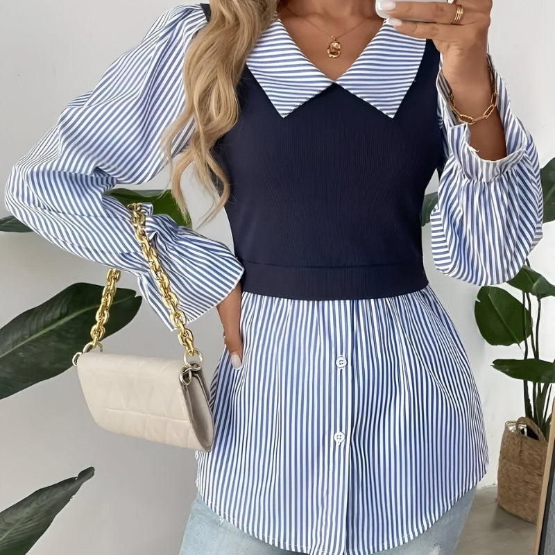 Wilma – Blouse à manches longues, col à revers, fermeture à boutons et motif rayé