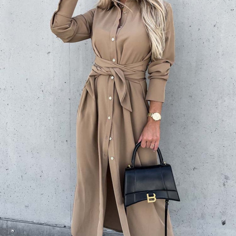 Evelyn - Shirt Dress with Long Sleeves, Waist Belt, and Button Closure