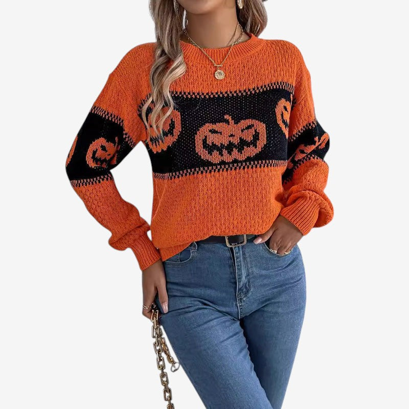 Womens Pumpkin Design Sweater for Halloween