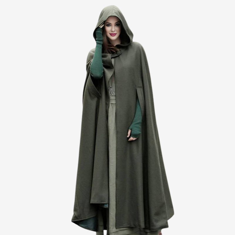 Lina - Cappotto poncho lungo con cappuccio asimmetrico