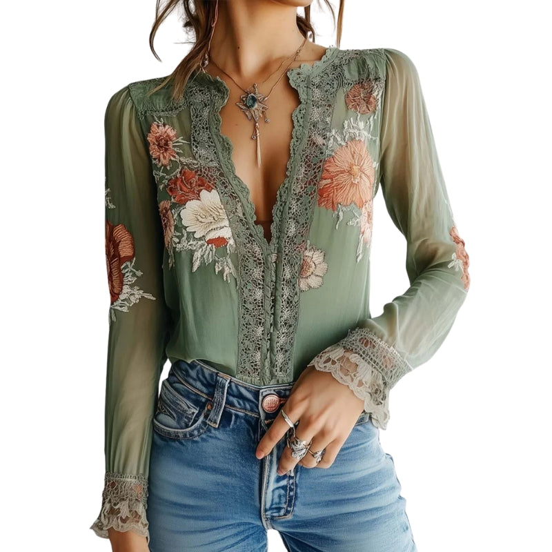 Hazel – Lightweight Floral Blouse with V-Neck and Long Sleeves