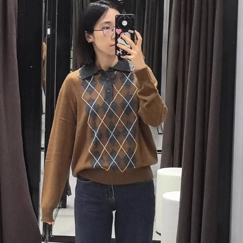 Maelis – Pull imprimé à manches longues avec col polo et boutons