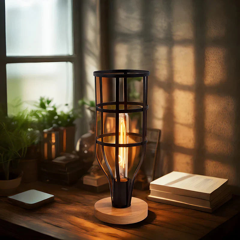 LumeCage - Modern industrial cage table lamp with wooden accent