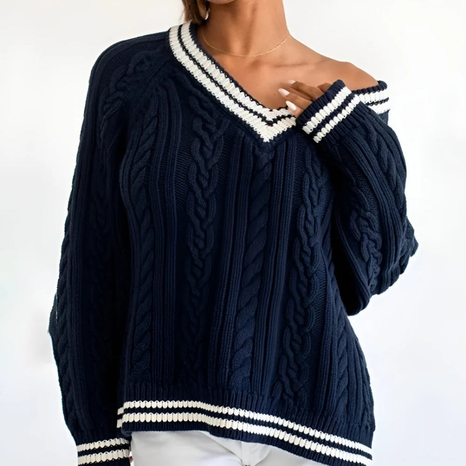 Helena – Long Sleeve Cable Knit Sweater With V Neck