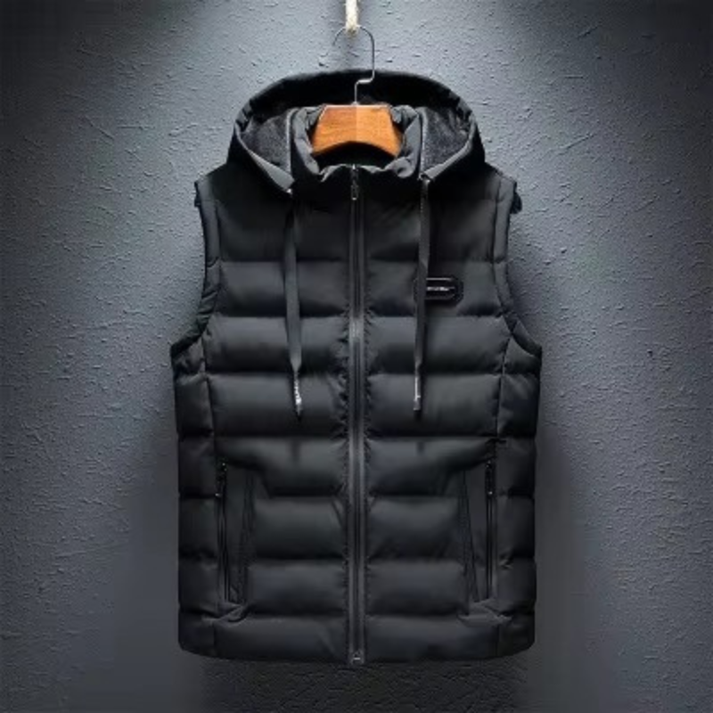 Gilet imbottito senza maniche da uomo con cappuccio e zip frontale