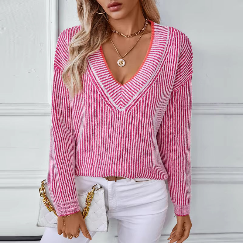 Rosie – Sweter w paski z długim rękawem i dekoltem w serek