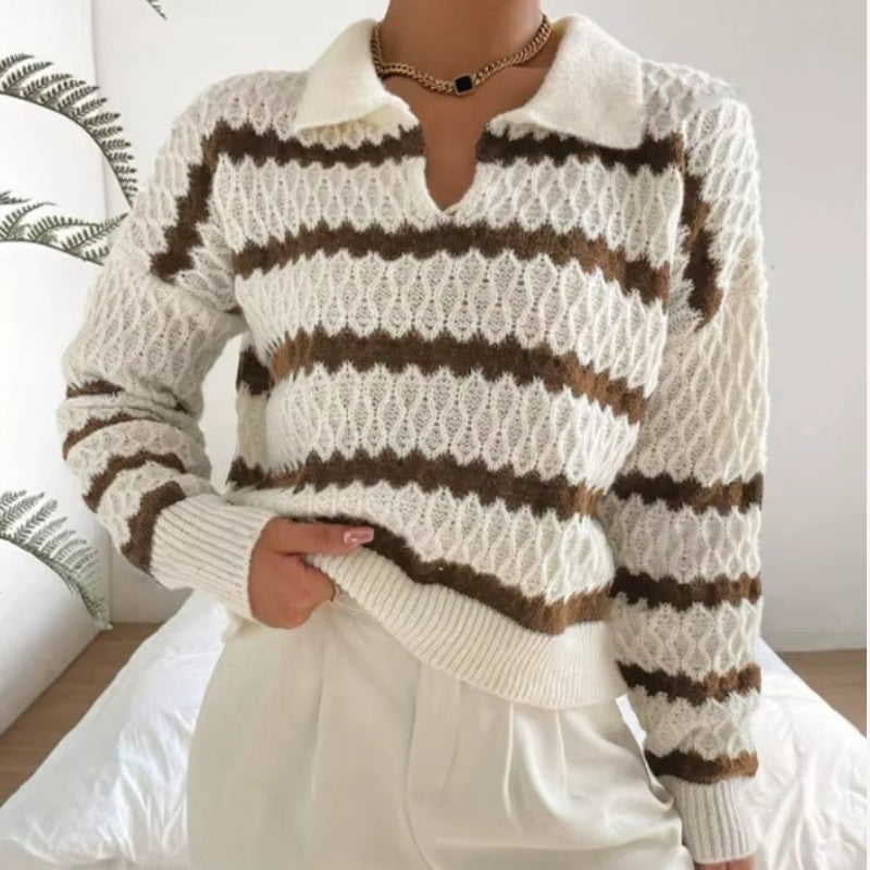 Amara – Sweater with Long Sleeves, Lapel Collar, and Striped Design