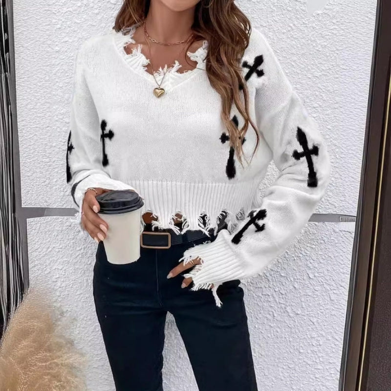 Melora – Long Sleeve Printed Sweater with Tassel Design