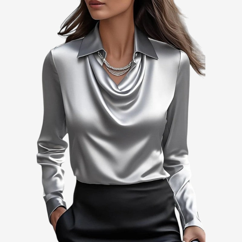 Womens Draped-Collar Long Sleeve Blouse