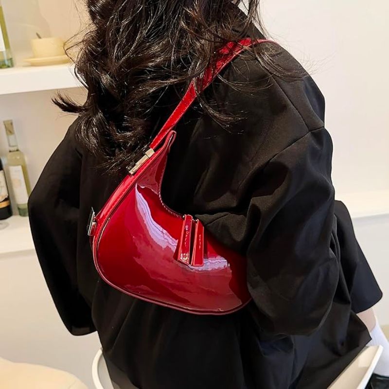 Glossy Leather Half Moon Handbag