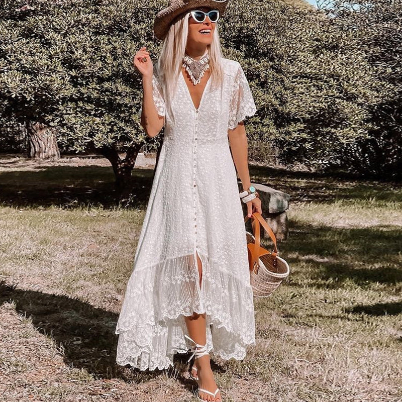Loose Fit Short Sleeve Dress with V-Neck