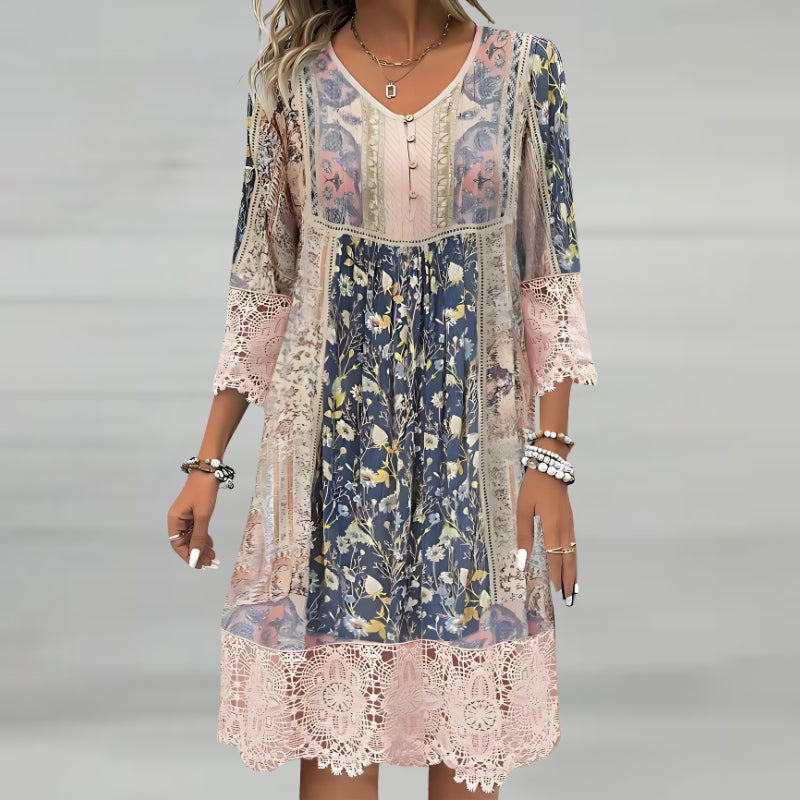 Vestito Midi Donna con Scollo a V e Motivo Stampato