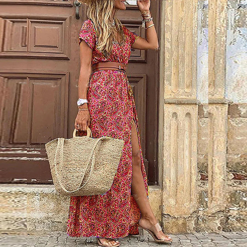 Abito lungo da donna con stampa floreale e scollo a V