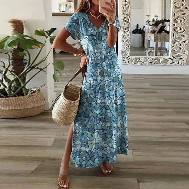Abito lungo stampato da donna con scollo rotondo