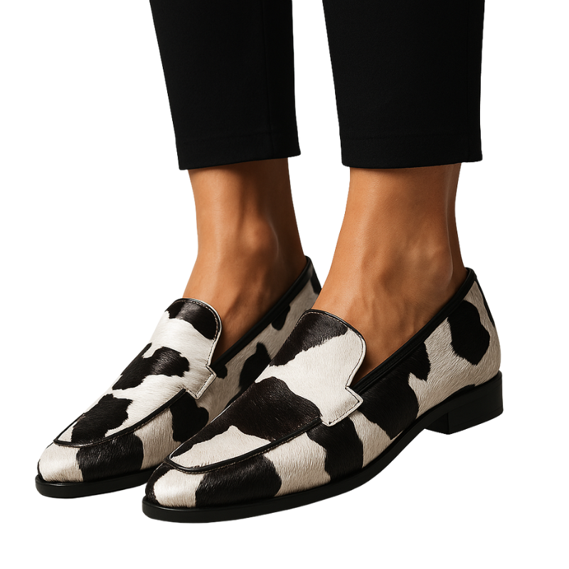 Hazel – Pointed Low Heel Shoes with Cow Print